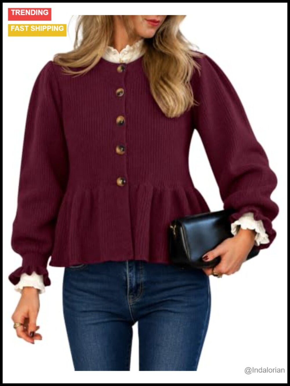 Cropped Ruffle Sleeve Button Up Cardigan Sweater - Picture 1 of 6